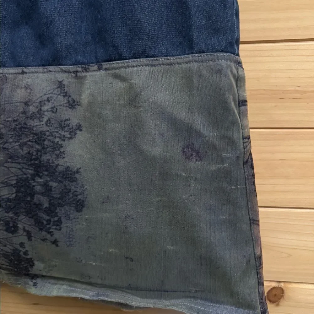 Vintage D.S. Alexus Size Medium Denim & Abstract Watercolor Slit Hem Maxi Skirt